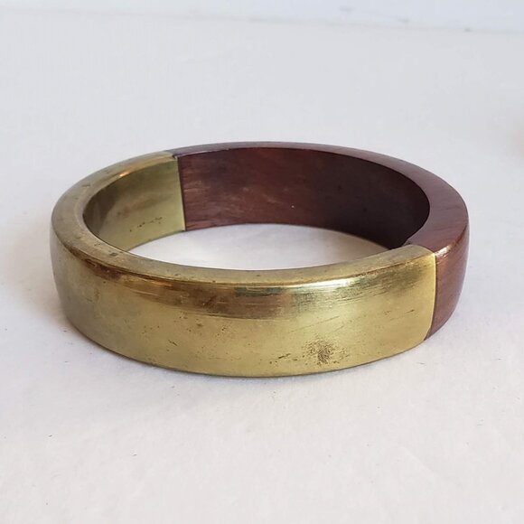 2pcs Vintage BRASS & WOOD Bangles Bracelets Wide Minimalist Modernist - Picture 12 of 12